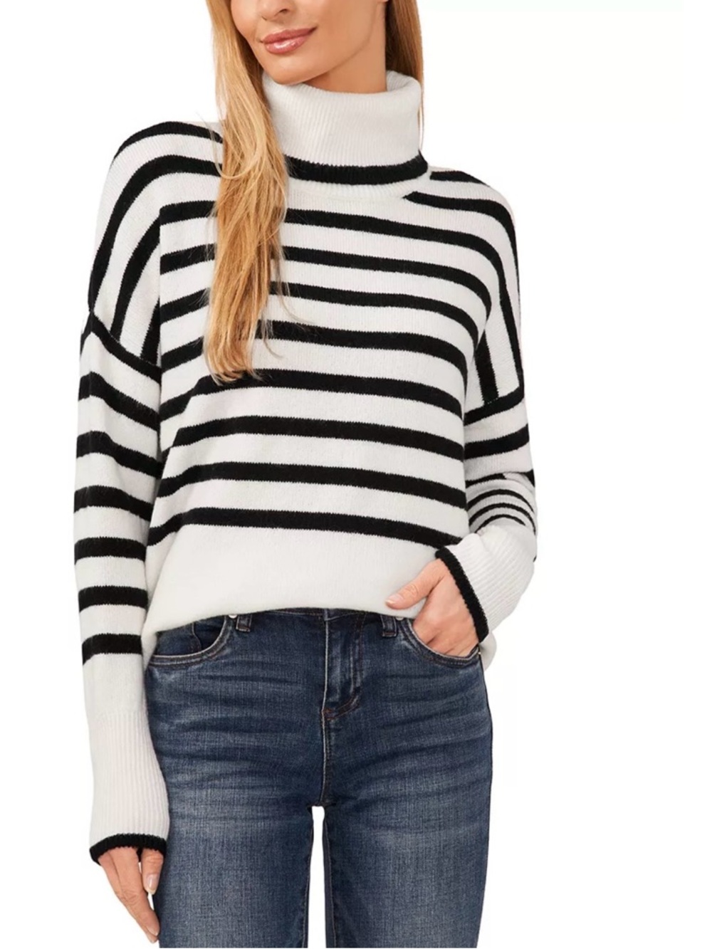 CeCe Black & Cream Striped Turtleneck Sweater